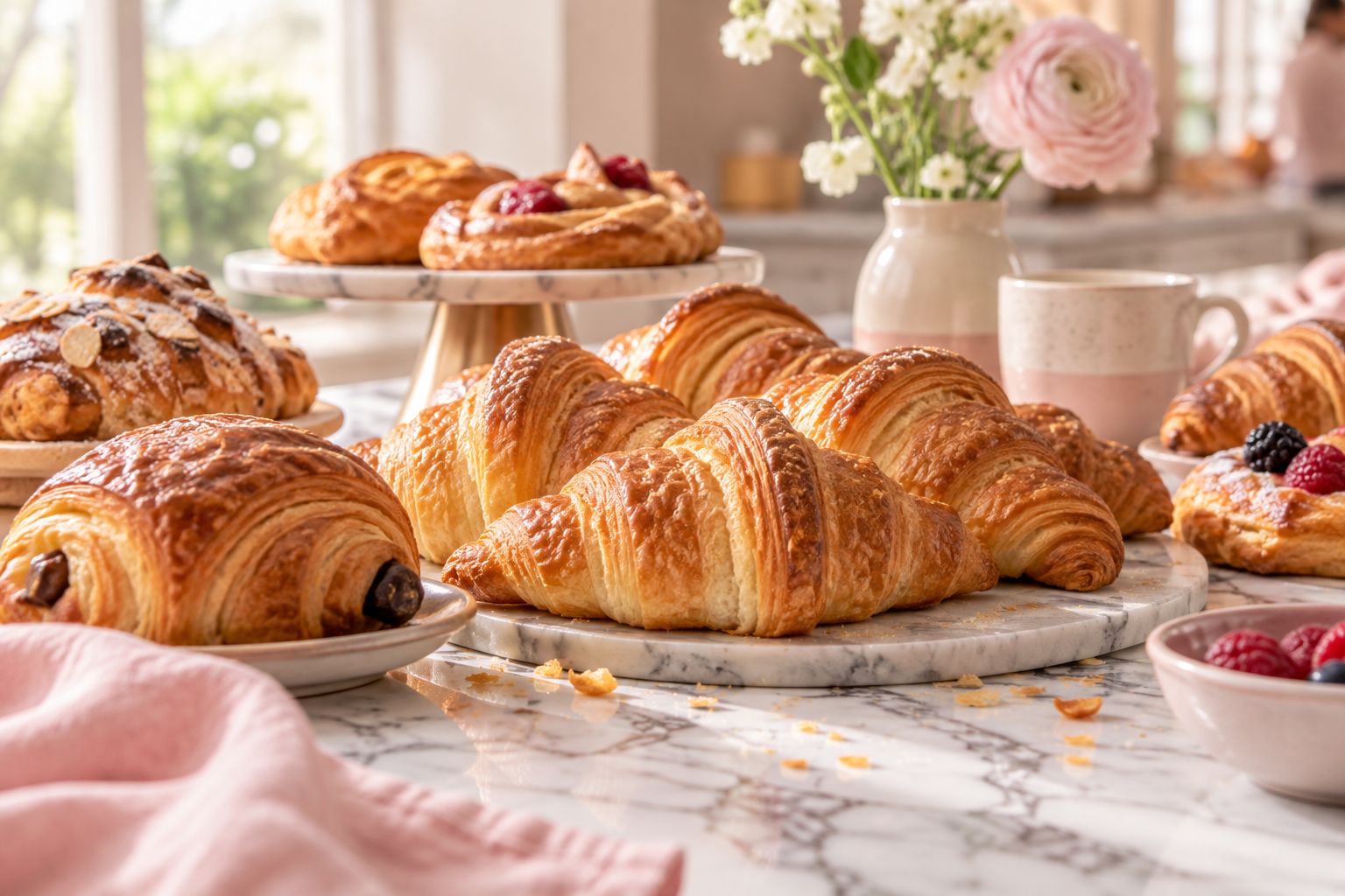 Croissants and pastries on a marble counter