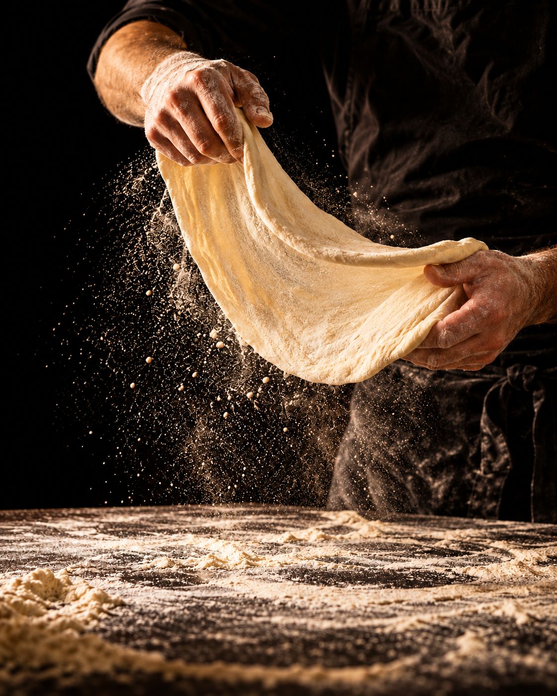 Hands stretching pizza dough