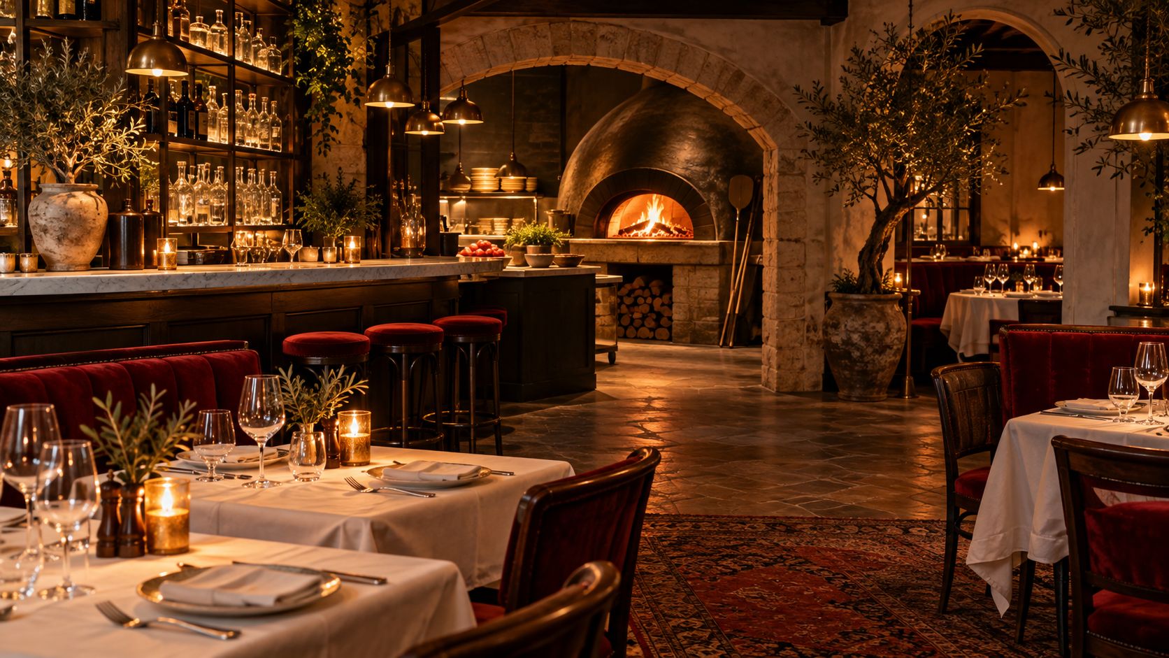 Warm dining room with red velvet banquettes