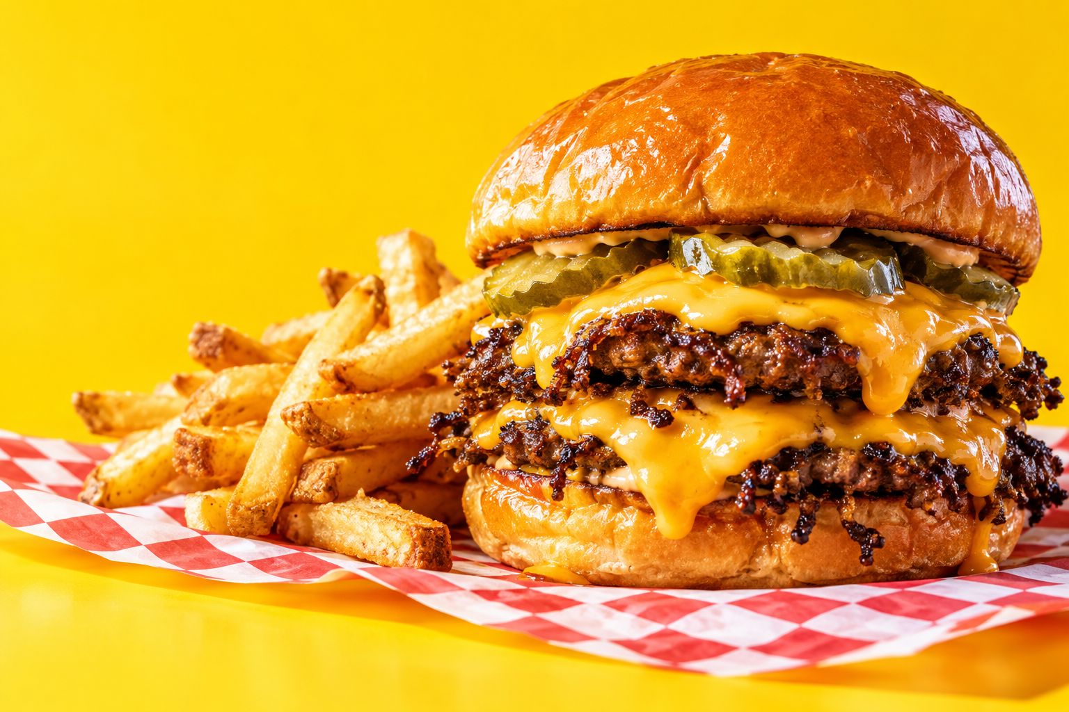 Double smash burger with fries on checkered paper