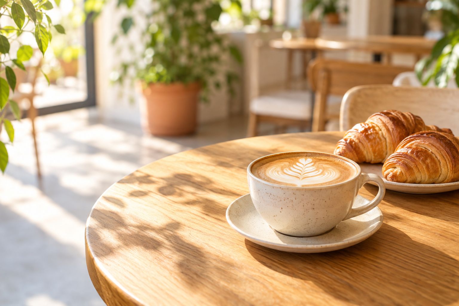 Latte with leaf art and croissants on a sunny wooden table