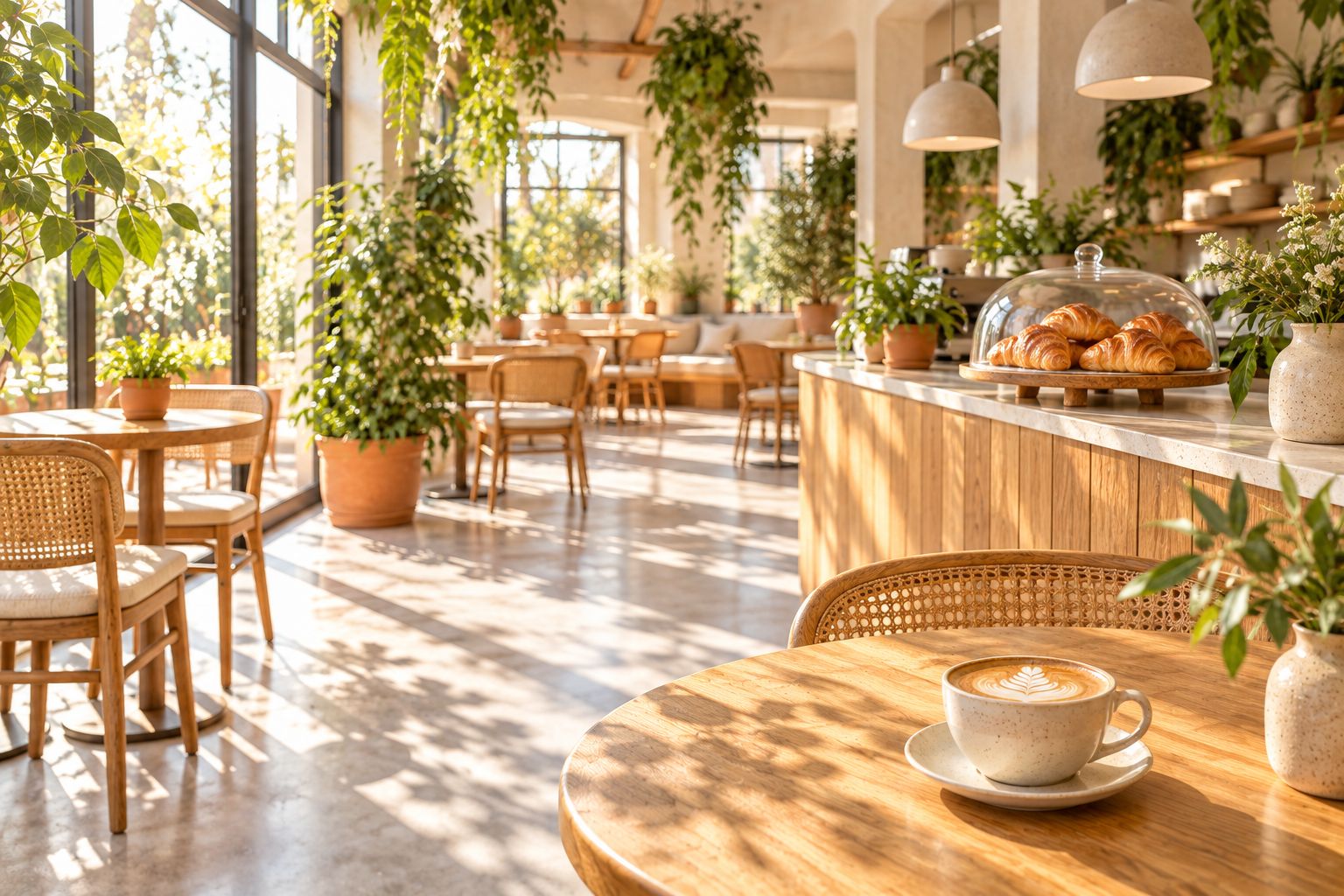 Sunny café interior with plants and a wooden counter