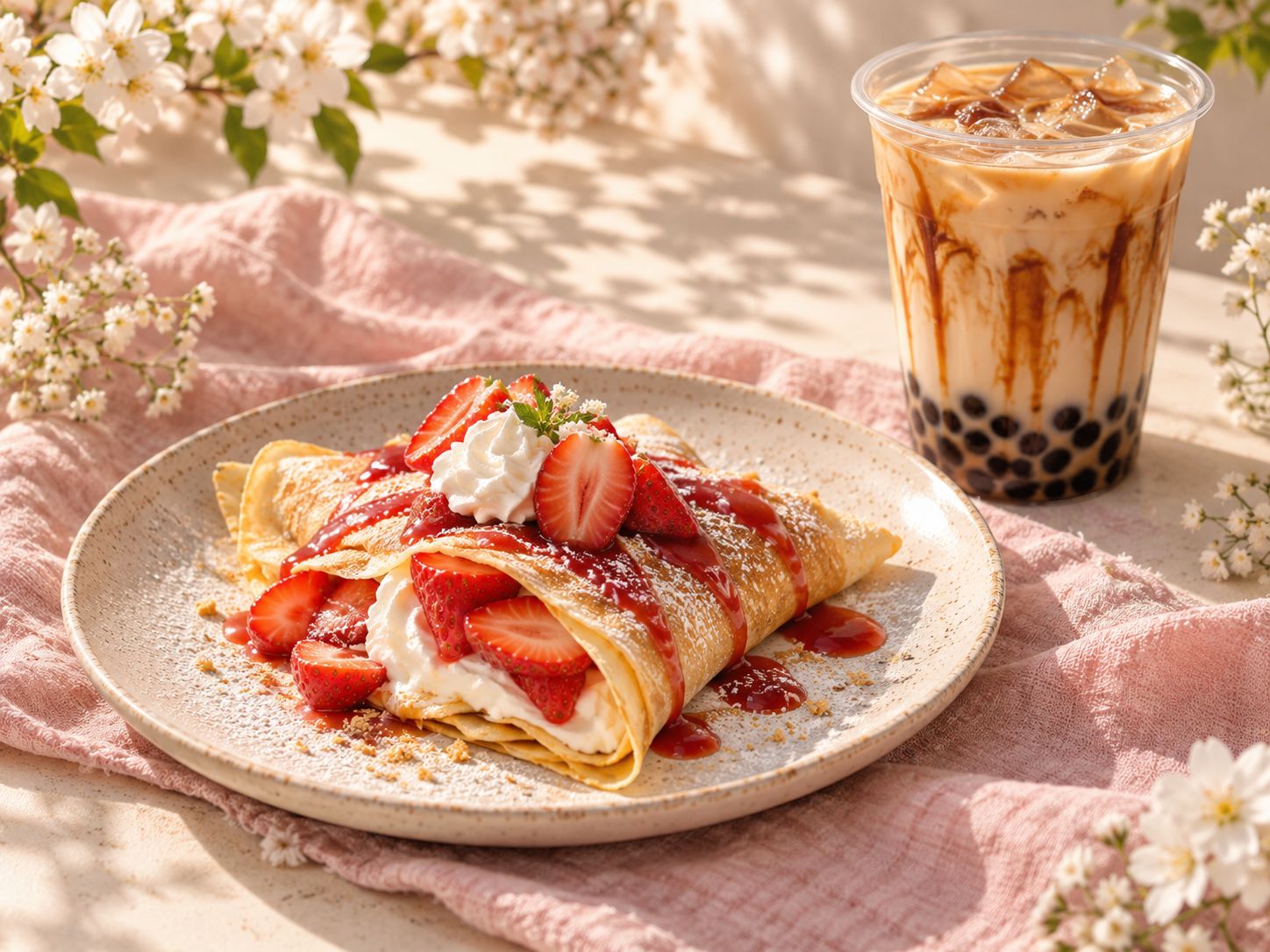 Strawberry crepe and milk tea