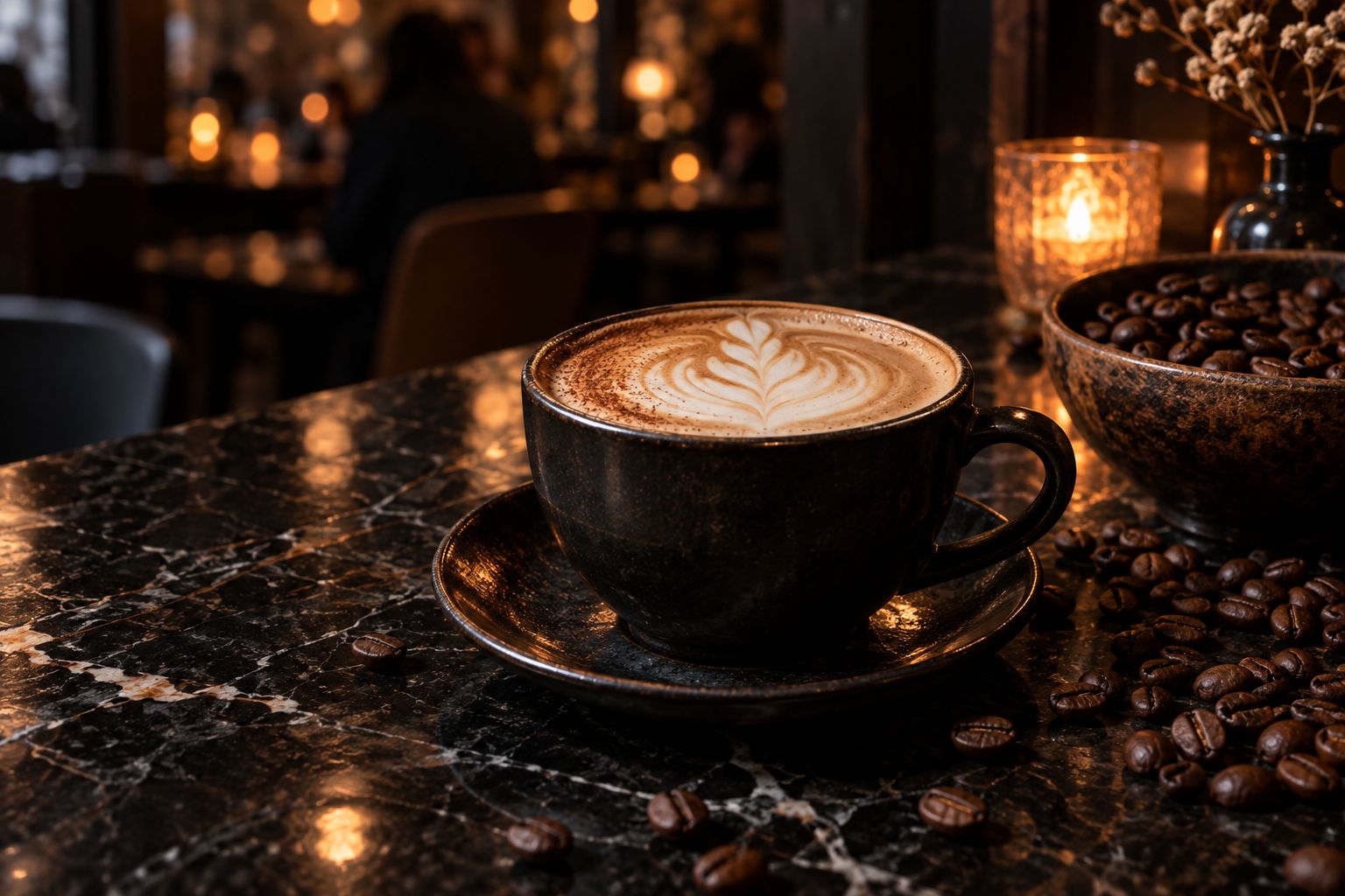 Cappuccino with leaf art on black marble