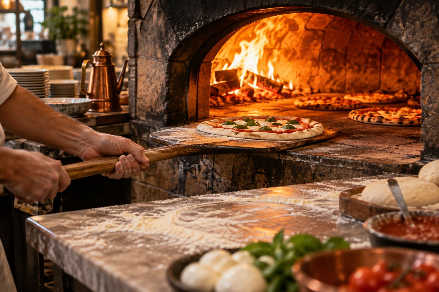 Pizzas going into the oven