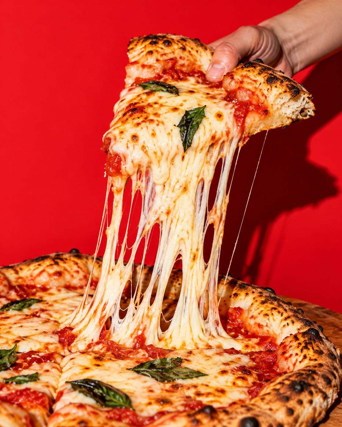 A cheesy slice being lifted