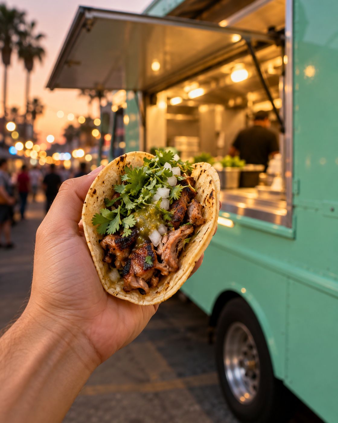 A taco held up in front of the truck window