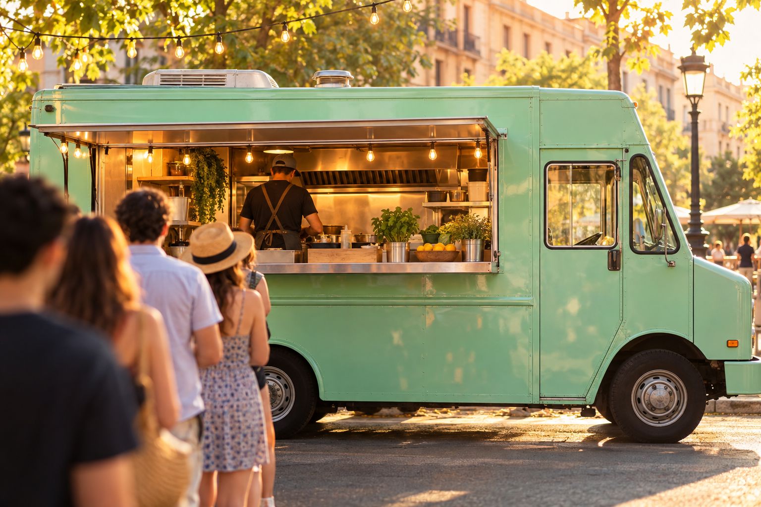 The mint-green Big Sun taco truck on a city street at golden hour