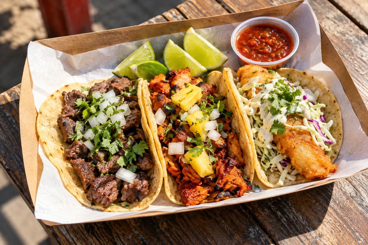 Three street tacos with lime and salsa