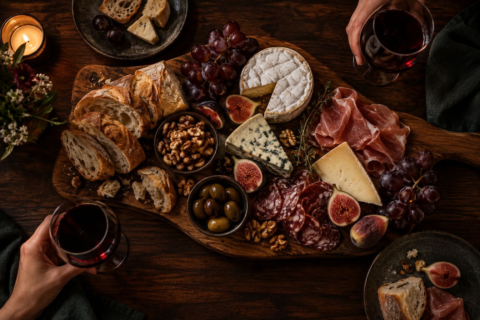 Cheese and charcuterie board with wine