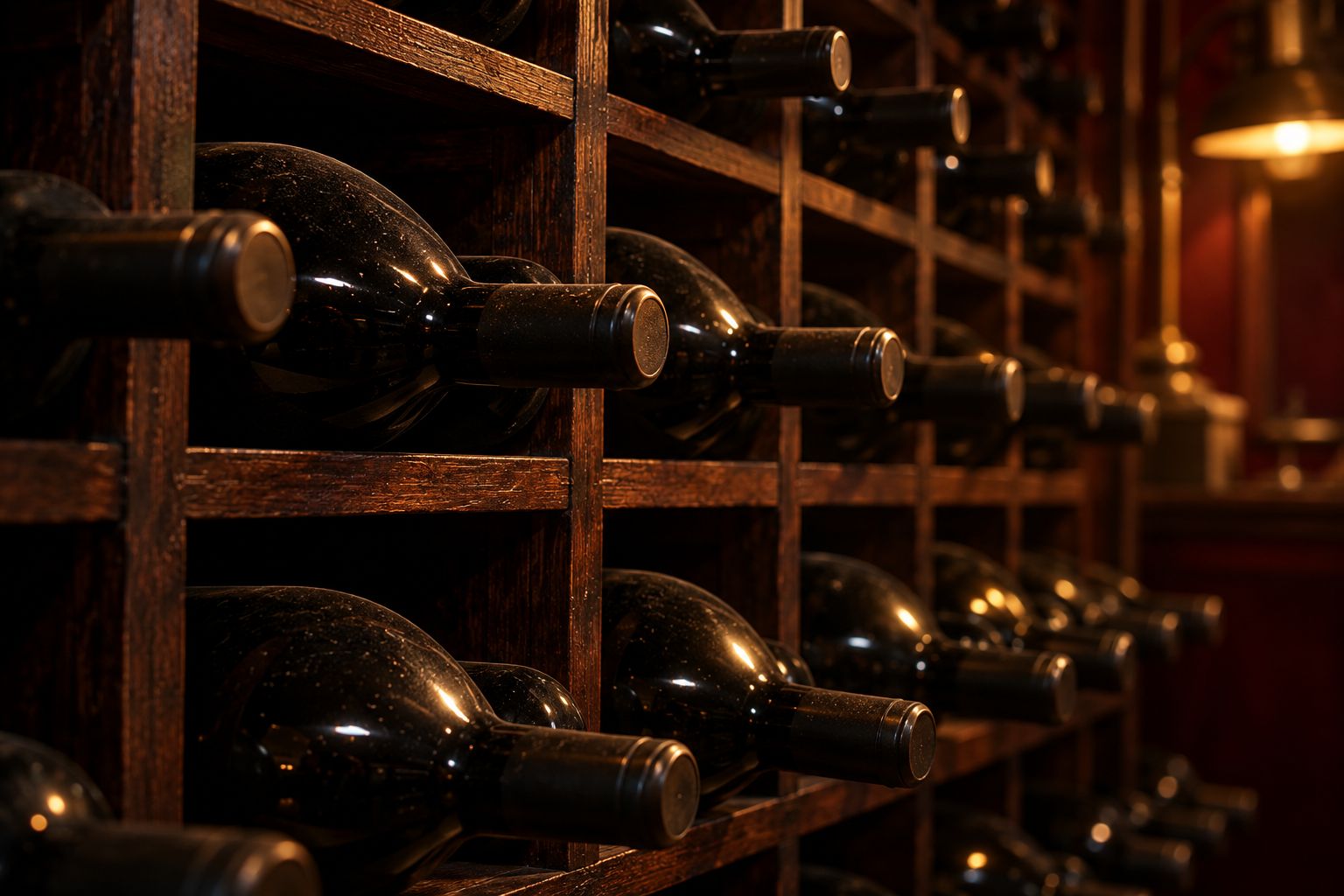 Rack of wine bottles in warm light
