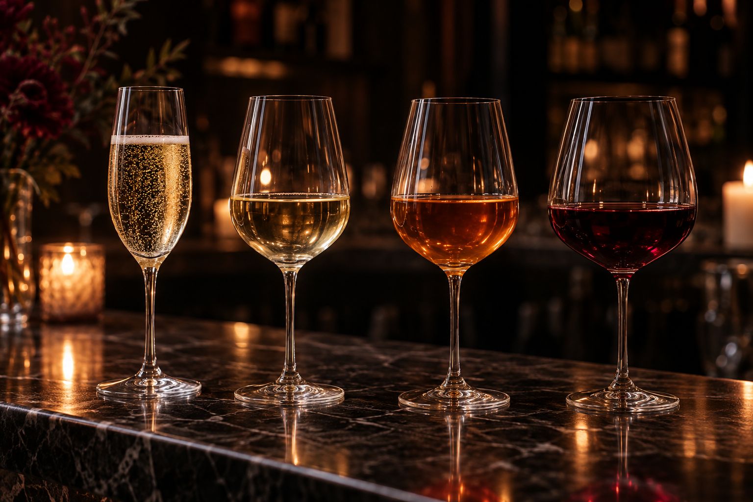 Sparkling, white, orange and red wine in a row