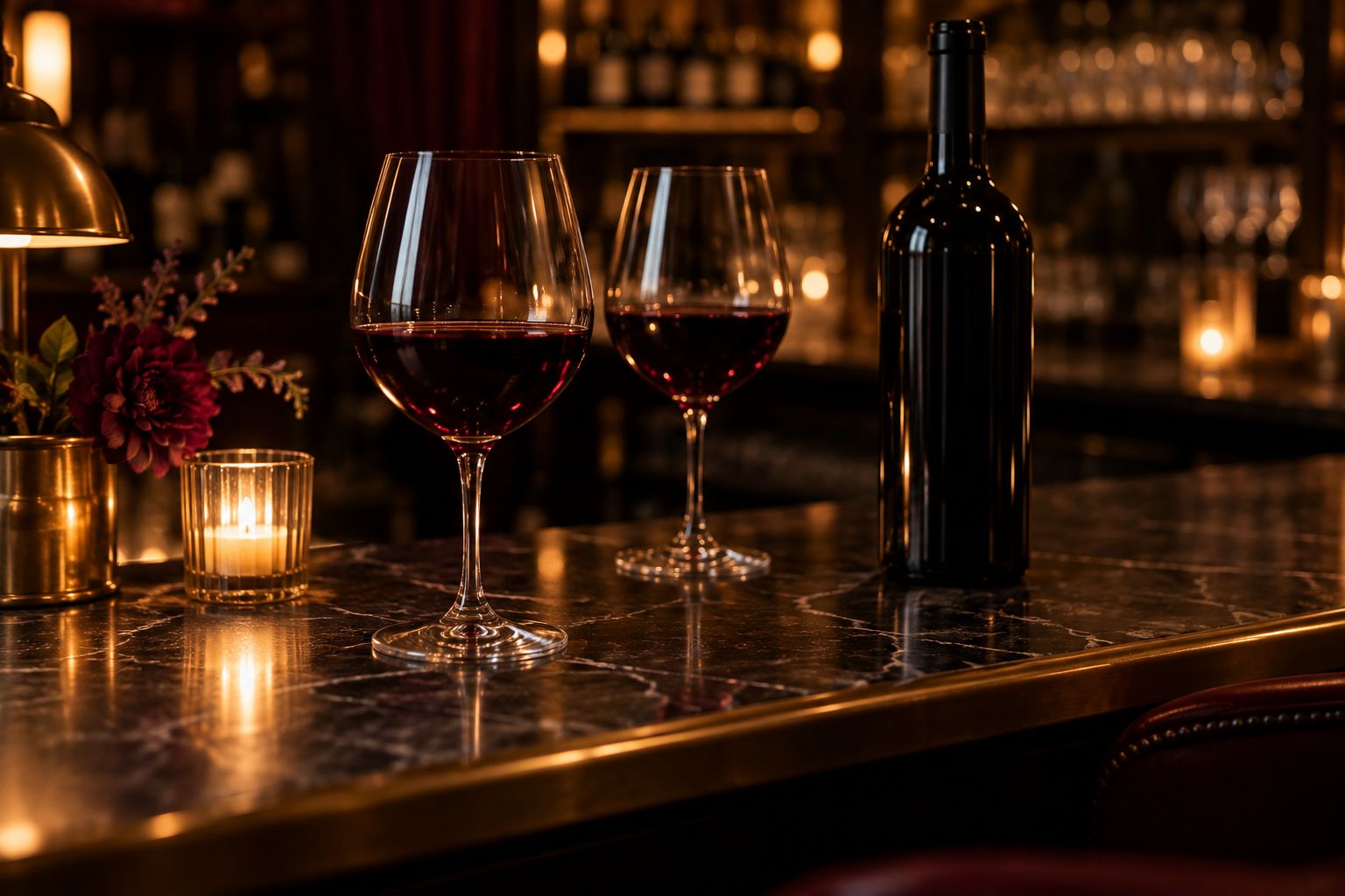 Two glasses of red wine by candlelight on a dark bar